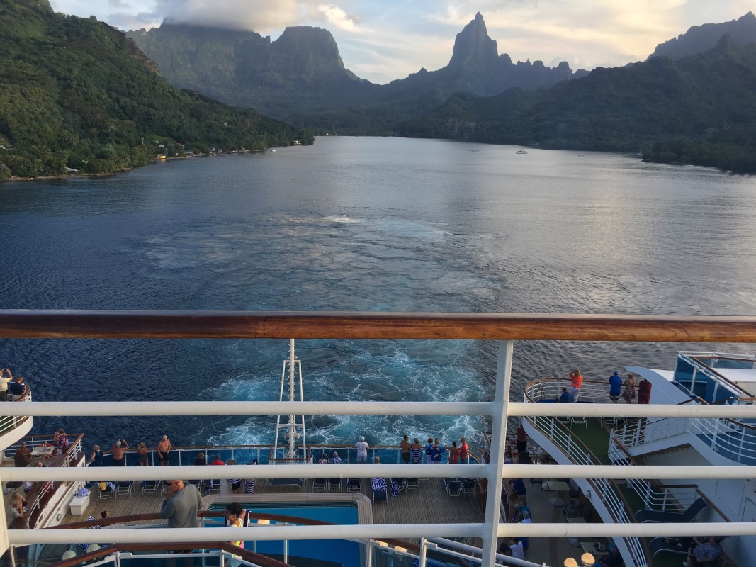 A view of the coast line in Bora Bora from the perspective of a cruise ship.